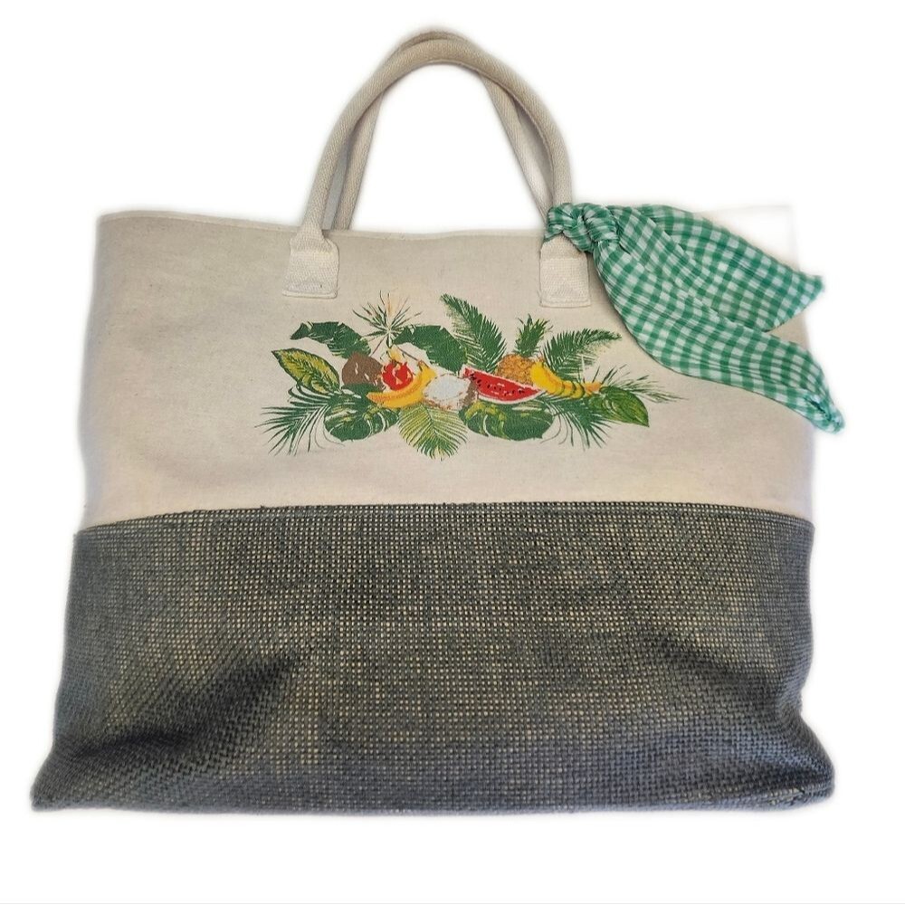 Canvas Beach Bag, Reinforced Bottom, Green Gingham Scarf, 24"x15"x8"